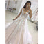 A-line Off-shoulder V-neck Lace Appliques Wedding Dresses With Train, WD0414