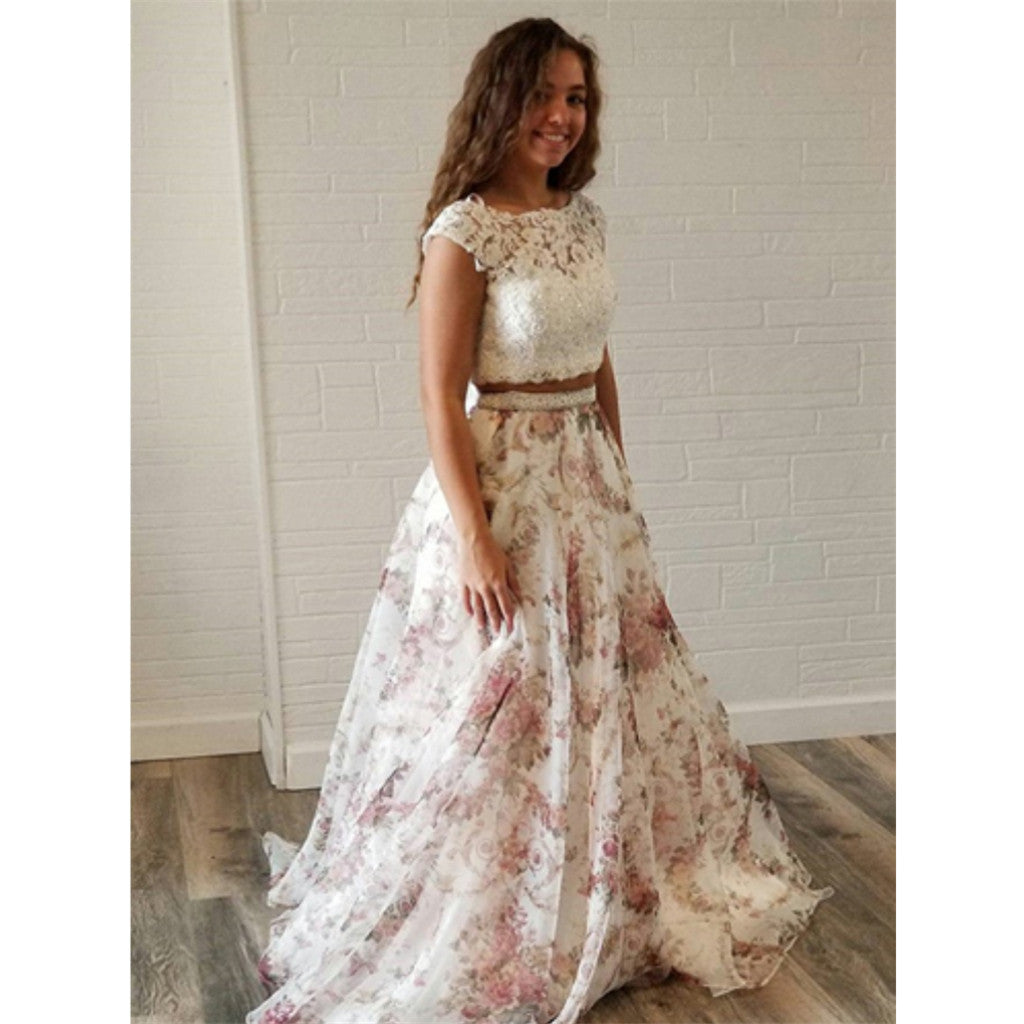 Two Piece Lace Top Beading Cap Sleeves Chiffon Prom Dress, PD0592