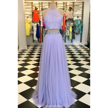 Two Pieces Floor-length Halter Sleeveless Beading Lavender Tulle Prom Dresses, PD0566