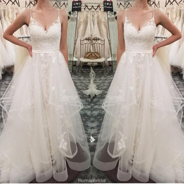 Spaghetti Straps Lace Appliques Organza Cheap Wedding Dresses, WD0425