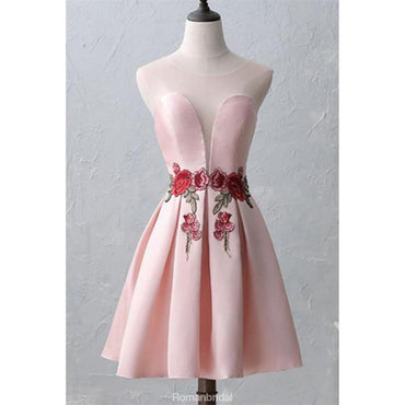 Round-Neck Pink Embroidery Cheap Open-back Sleeveless Homecoming Dresses, HD0368