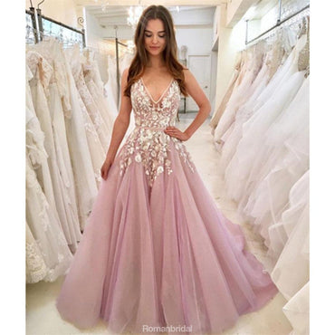 Newest V-Neck Appliques Sleeveless Pink Long Tulle Prom Dresses, PD0582