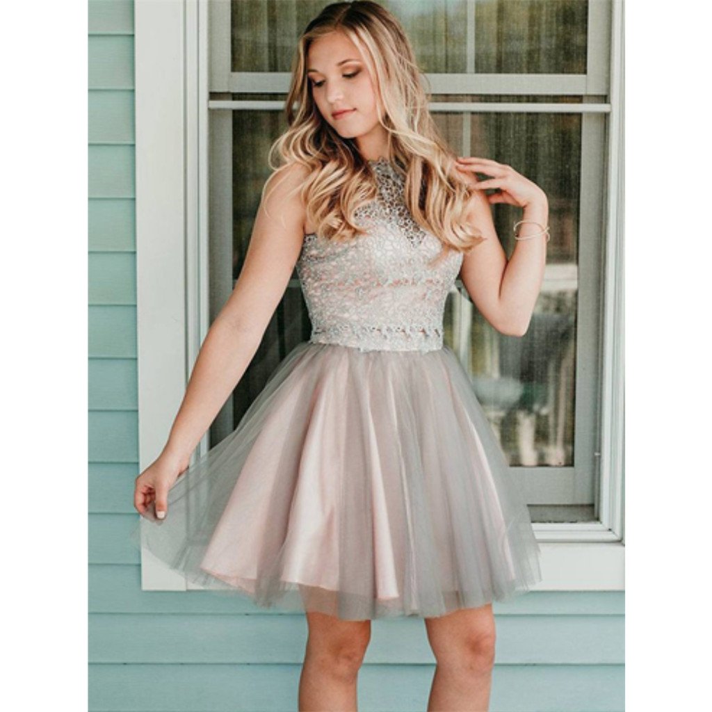 Newest Round Neck Lace Appliques Top Tulle skirt Short Homecoming Dress, HD0414