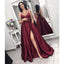 Elegant Burgundy Spaghetti Straps Front Split Prom Dresses, PD0687