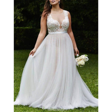 Gorgeous A-line Sleeveless Appliques Tulle Wedding Dresses With Train, WD0394