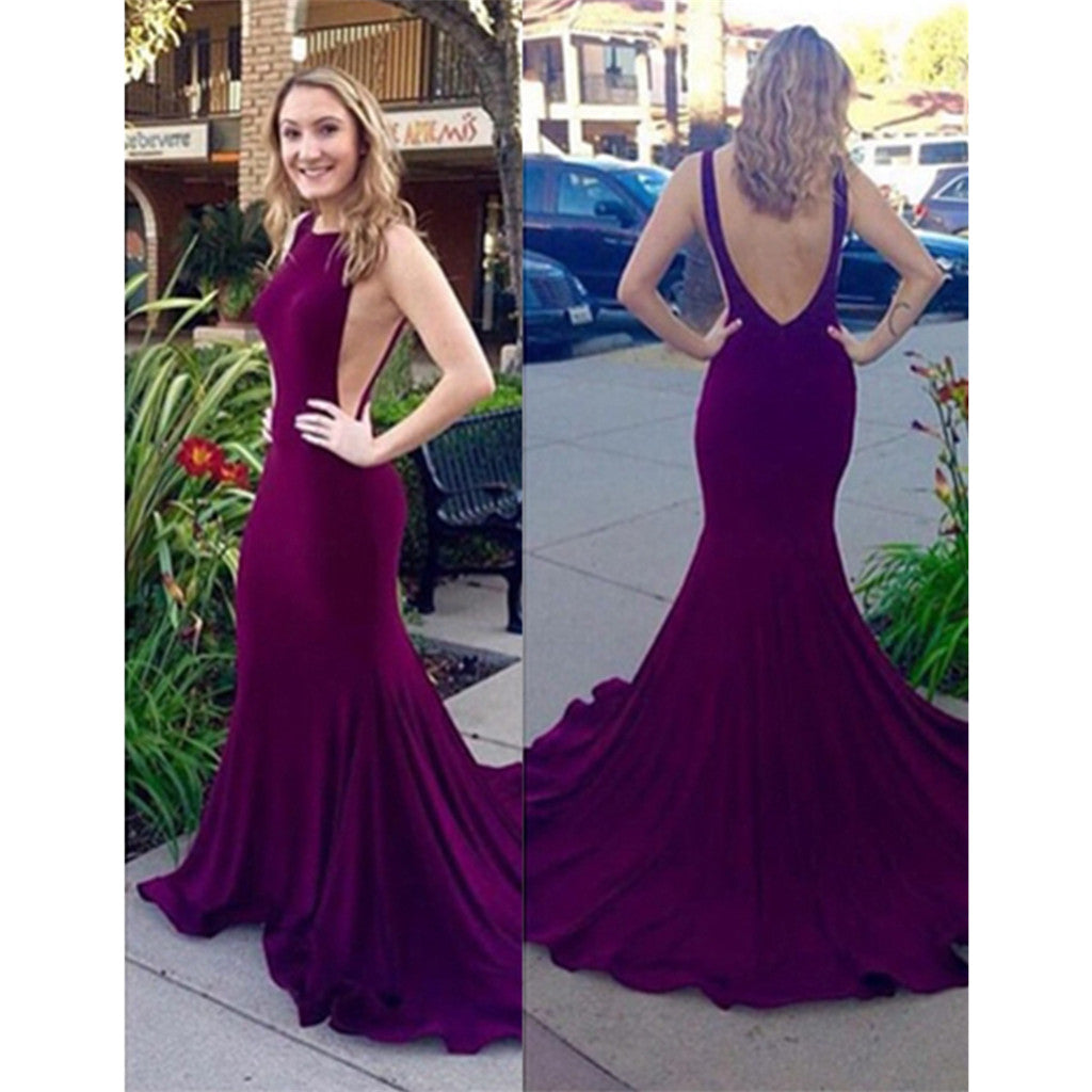 Mermaid Scoop Neck Purple V-back Long Prom Dress With Train, PD0612