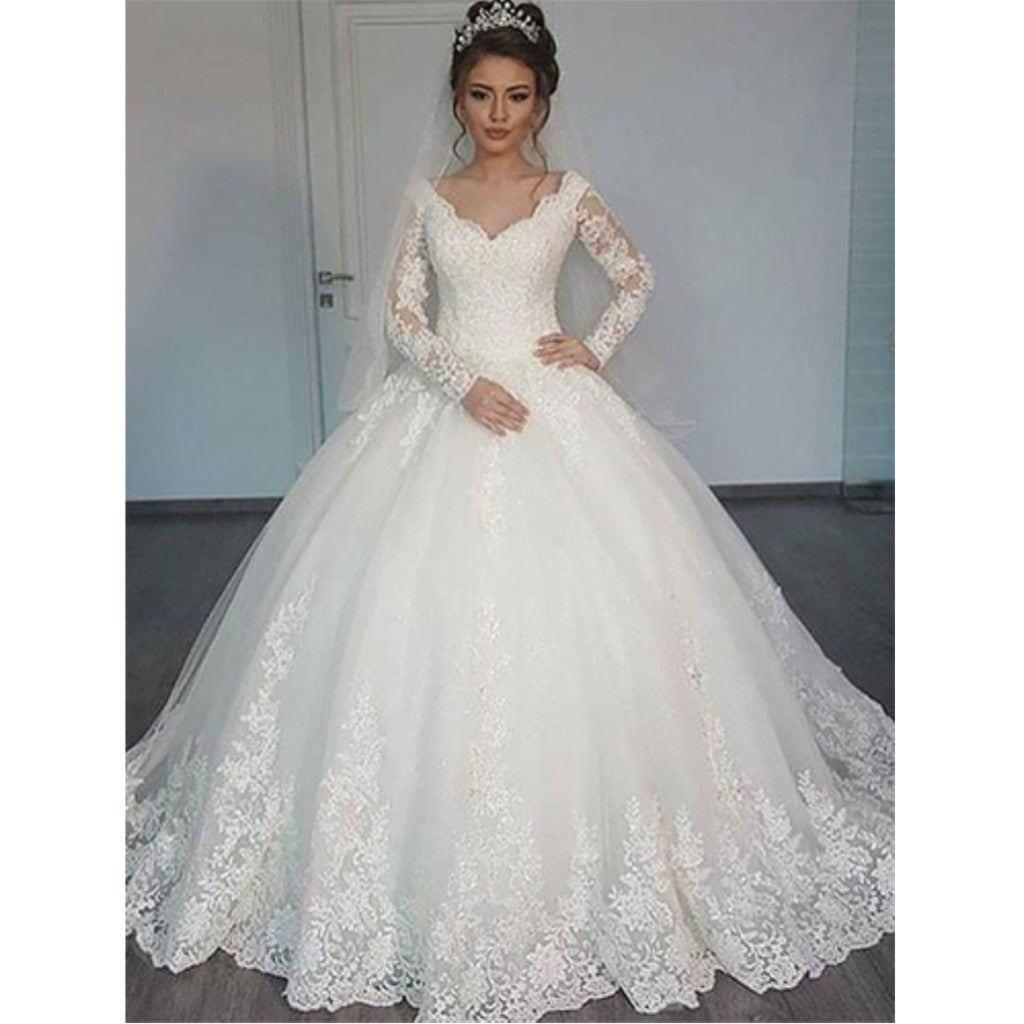 New Arrival V-neck Long Sleeves Ball Gown, Gorgeous Princess Wedding dresses, WD0418