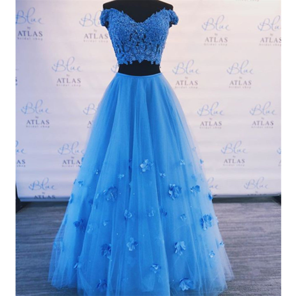Two pieces Off-shoulder Blue Floor-length Lace Prom Dress, PD0632