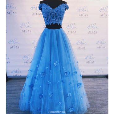 Two pieces Off-shoulder Blue Floor-length Lace Prom Dress, PD0632
