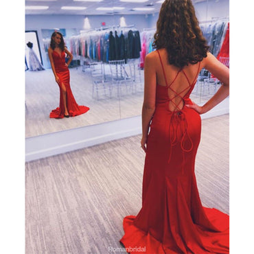 Newest Red V-neck Lace Up Back Long Sexy Prom Dress, PD0634