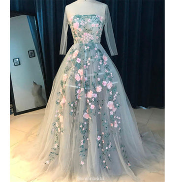 Hot selling A-line round neck Appliques Tail evening dresses, Ivory tulle long prom dresses, PD0518