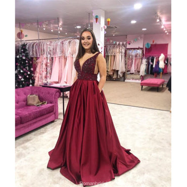 A-line V-neck Sleeveless Beading Burgundy Long Prom Dress, PD0642