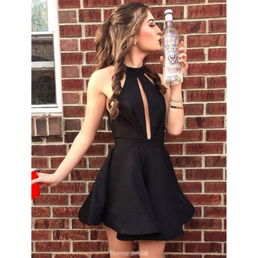 Halter A-Line Sleeveless Short Black Simple Homecoming Dresses, HD0440