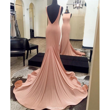 Round Neck Backless Simple Cheap Prom Dresses With Train, PD0587