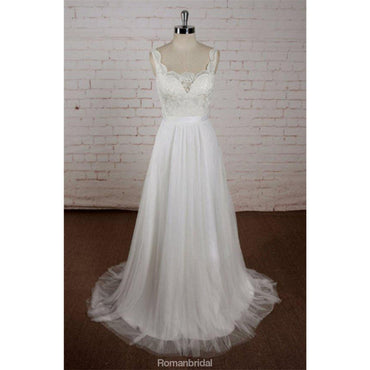 A-line V-neck Lace Top Tulle Skirt Sleeveless Simple Cheap Wedding Dress, WD0373