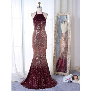 Newest Popular Mermaid Halter Backless Long Sequins Prom Dresses With Train, PD0556
