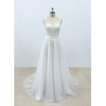 Popular A-line V-neck lace top tulle backless simple Wedding Dresses with train, WD0365