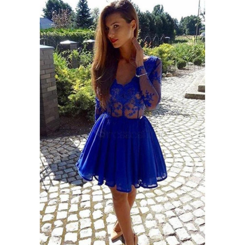 Amazing V-neck Long sleeves Blue Lace Chiffon Short Homecoming dresses, HD0371