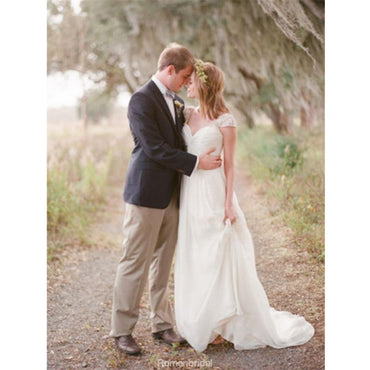 Long Chiffon Sweetheart Elegant Beaded Cap Sleeve Backless Lace Wedding Dress, WD0372