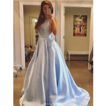 A-Line V-neck Sleeveless Backless Simple Prom Dresses, PD0667