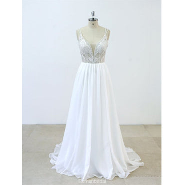 Deep V-neck Spaghetti Straps applique Backless chiffon Wedding Dresses with train, WD0366
