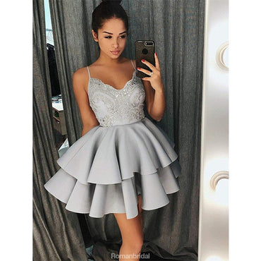 Spaghetti Straps Lace Appliques Grey Short Juniors Pleat Homecoming Dresses, HD0377