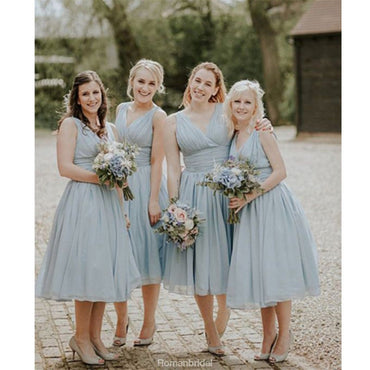 Stunning Chiffon V-neck Tea-length A-line Fitted Bridesmaid Dress With Pleats, BD0497