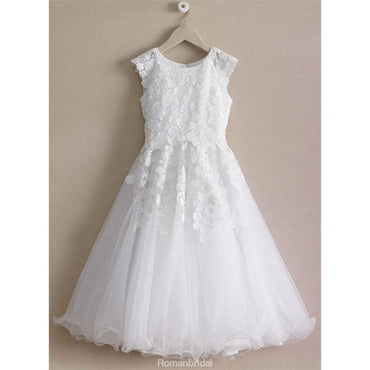 White round neck sleeveless appliques tulle princess dresses, wedding flower girl dresses, FG0124