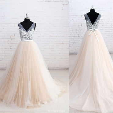 Popular Sexy Deep V-neck sleeveless Applique Tulle Wedding Dresses With Train, WD0348
