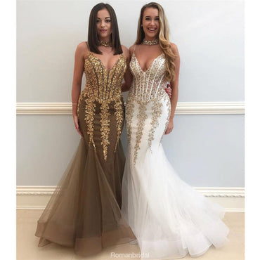 Amazing Floor-length Mermaid Spaghetti Straps Champagne Tulle Evening Dress with Sequins, long prom dresses, PD0529