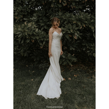 Spaghetti Straps V-neck Lace Top Cheap Wedding Dresses With Train, WD0437