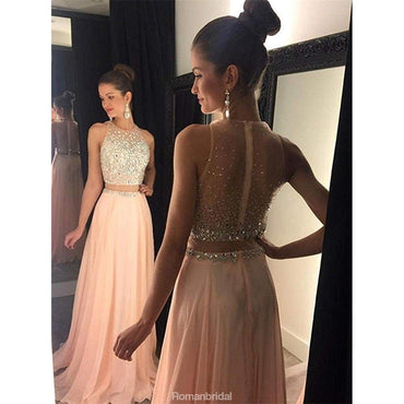 Two Pieces Round Neck Sleeveless Long Chiffon Beading Prom Dresses , PD0543