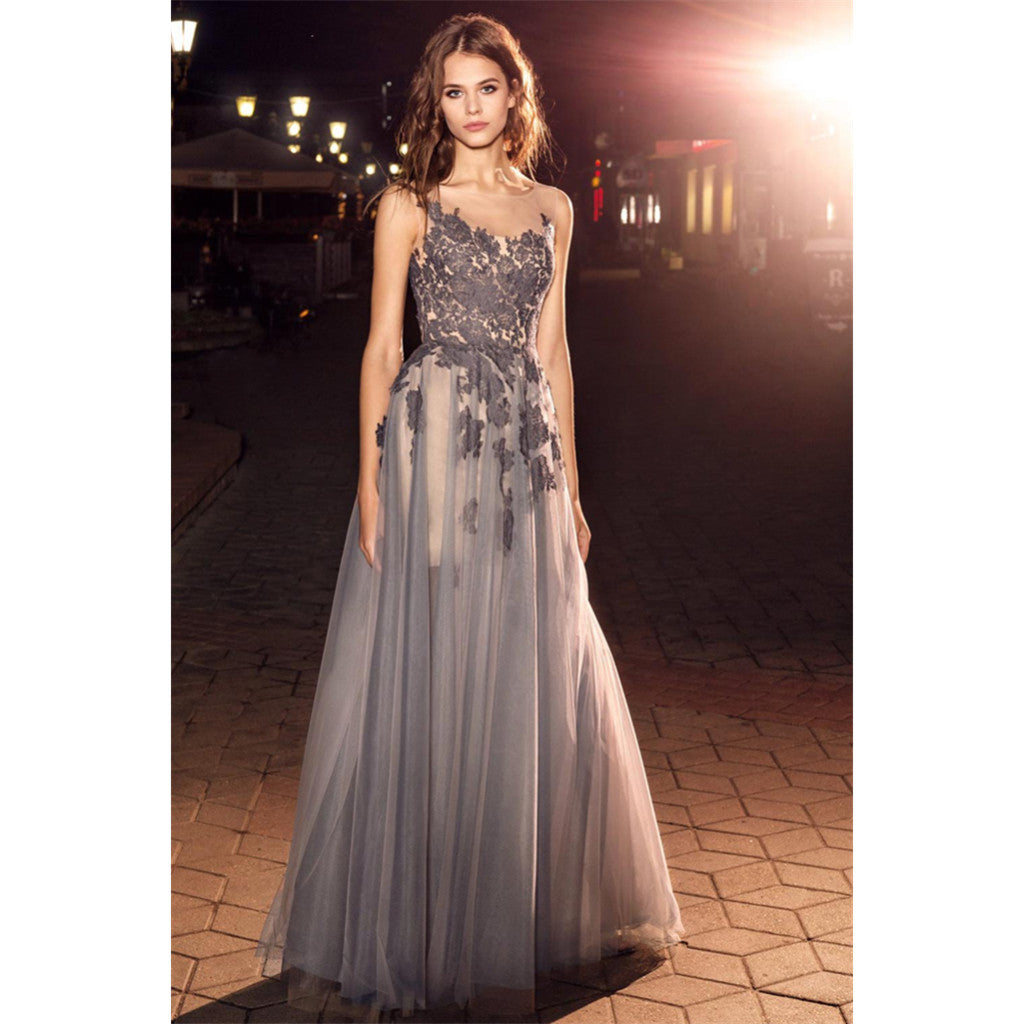 A-line Floor-length Sleeveless Appliques Long Prom Dresses, PD0588
