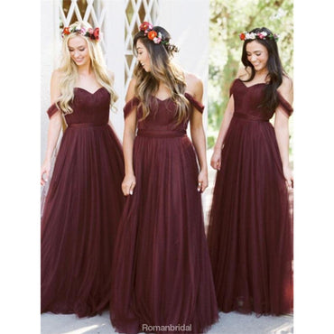New Arrival Floor-length Burgundy Tulle Off the Shoulder Long Bridesmaid Dresses, BD0431