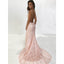 Mermaid Spaghetti Straps V-neck Pink Lace Backless Prom Dresses With Train, PD0557