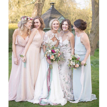 Spaghetti Straps V-neck Simple Tulle Cheap Beach Country Style Bridesmaid Dress, BD0503