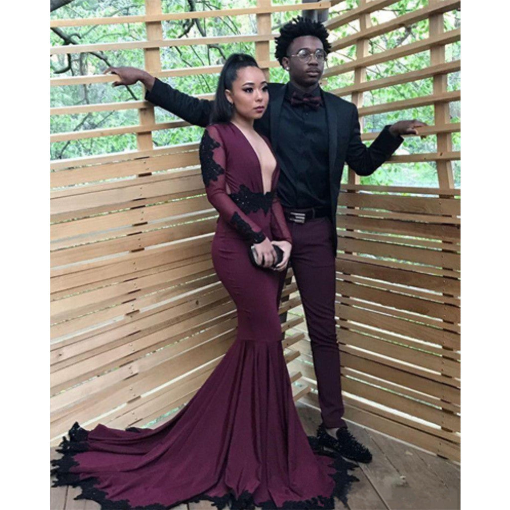 long sleeve deep v prom dress Long Sleeve Prom Dresses Deep V Neck A Line Pink Prom Dress PSK346 US6 / Custom Color