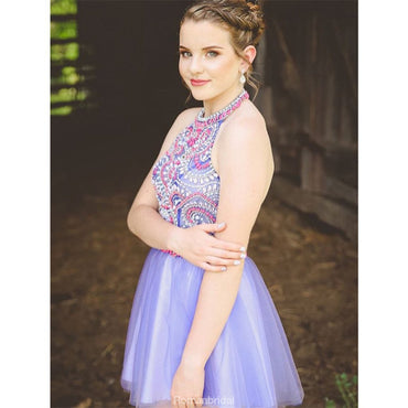 Newest Two Pieces Halter Beading Sleeveless Tulle Homecoming Dresses, HD0459