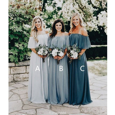 A-line Floor-length Chiffon Off-shoulder Cheap Simple Long Bridesmaid Dress , BD0498