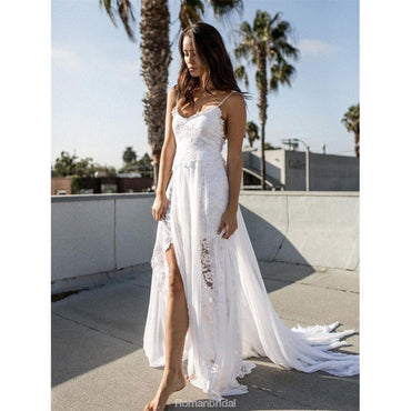 A-line Spaghetti Strap White Lace Chiffon Backless Wedding Bridal Dresses, WD0417