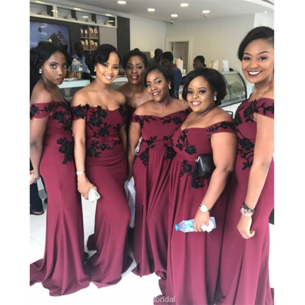 New Arrival Cheap off-the-shoulder Black Appliques dark red Bridesmaid RomanBridal New Arrival Cheap off-the-shoulder Black Appliques dark red Bridesmaid RomanBridal