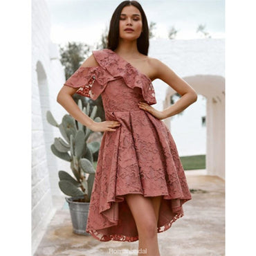 Gorgeous One-Shoulder Pleated Ruffles Full Lace Homecoming Dress, HD0410