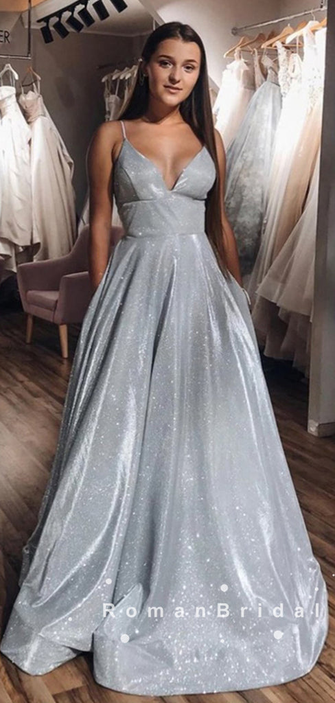 Elegant A-Line V-Neck Spaghetti Straps Grey Long Prom Dresses,RBPD0031
