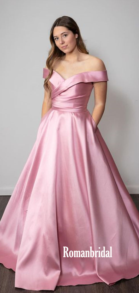 Simple Off-Shoulder A-line Pink Cheap Long Prom Dresses,RBPD0114