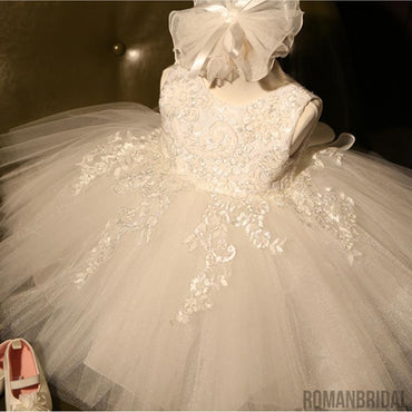 Ivory Round Neck Lace Tulle Flower Girl Dresses, Zip up Cute Little Girl Dresses, FG043