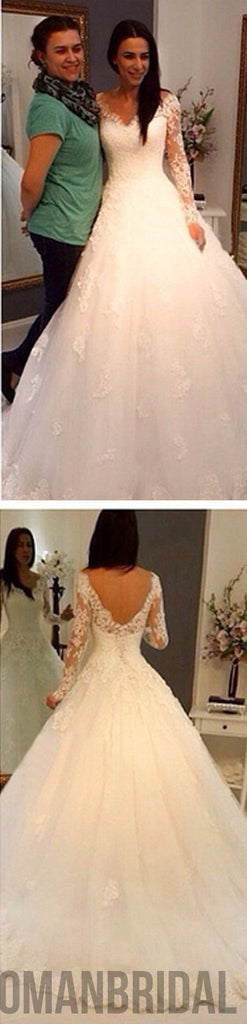 Charming V-Neck Long Sleeve Lace Wedding Party Dresses, Gorgeous Bridal Gown, WD0032
