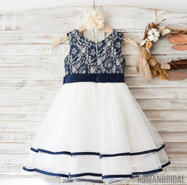 Fashion Lovely Navy  Lace Sleeveless Round Neck  Flower Girl Dresses With Bow Sash, FGS034