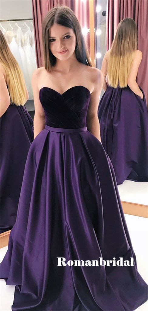Sweetheart A-line Strapless Velevt Top Prom Dresses With Pockets, PD0791