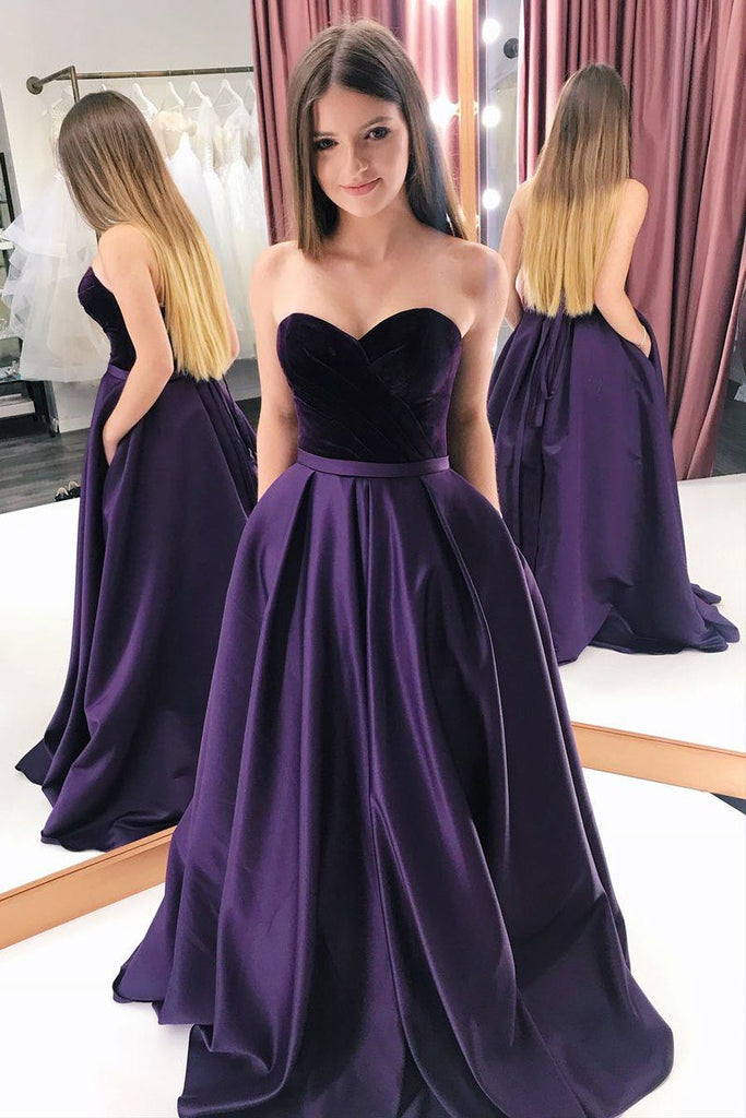 Sweetheart A-line Strapless Velevt Top Prom Dresses With Pockets, PD0791