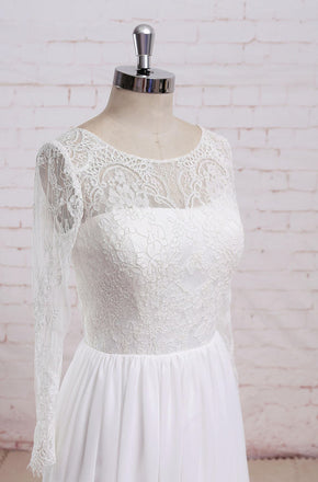 Newest Round Neck Long sleeves Lace Top Chiffon Simple Beach Wedding Dresses, WD0368
